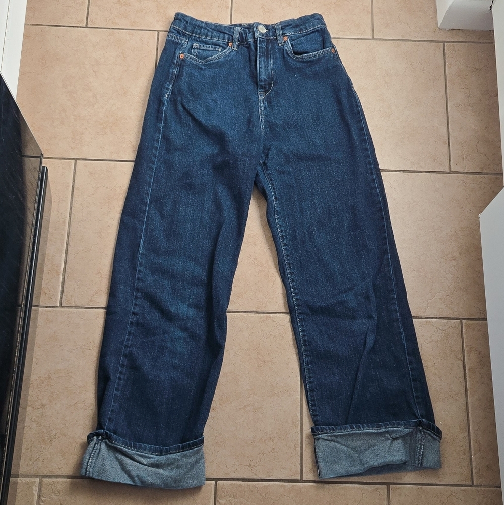 Blank NYC wide leg dark denim large cuff blue jeans